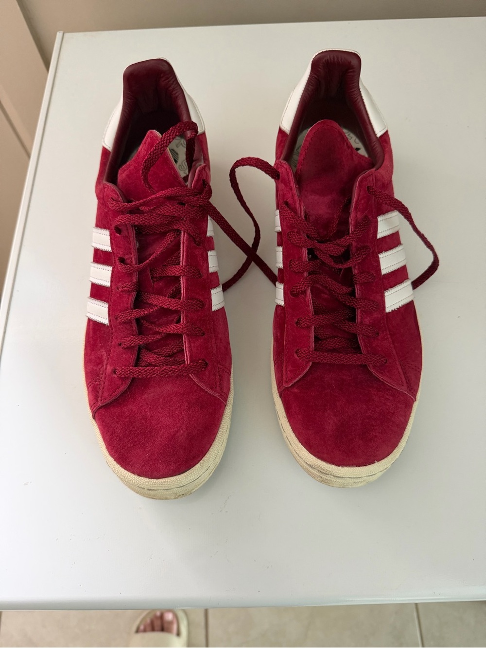 adidas Women's Red Suede Sneakers with White Stripes